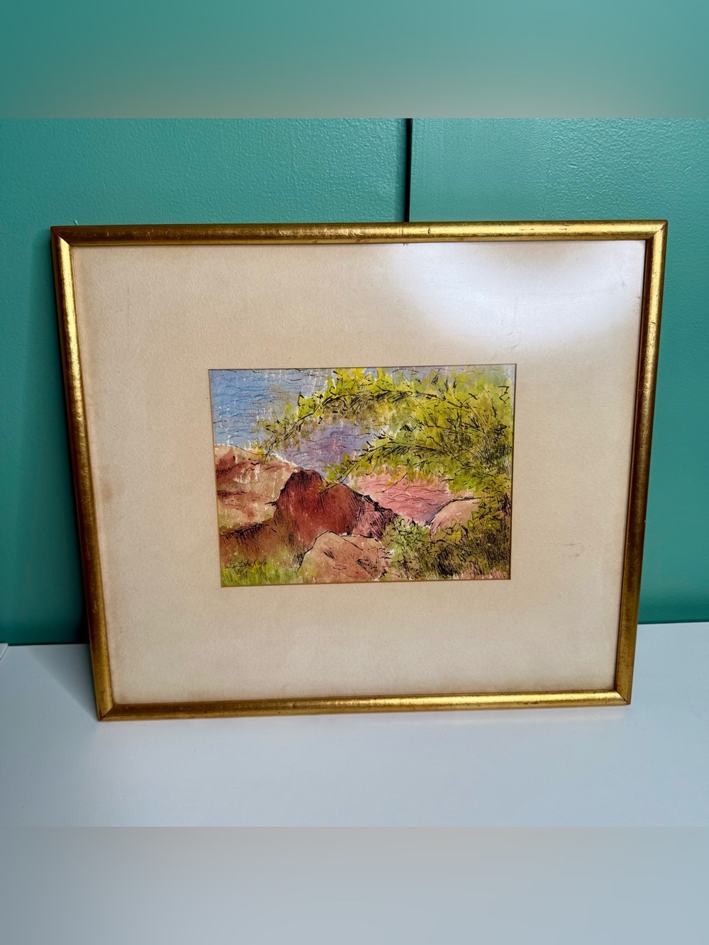 Signed Original Watercolor Painting Framed Z Zobex Mountain Tree Landscape 70s
